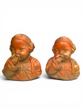 Vintage Pair Chalkware Asian Child Busts | Esther Hunt Era | Chinoiserie